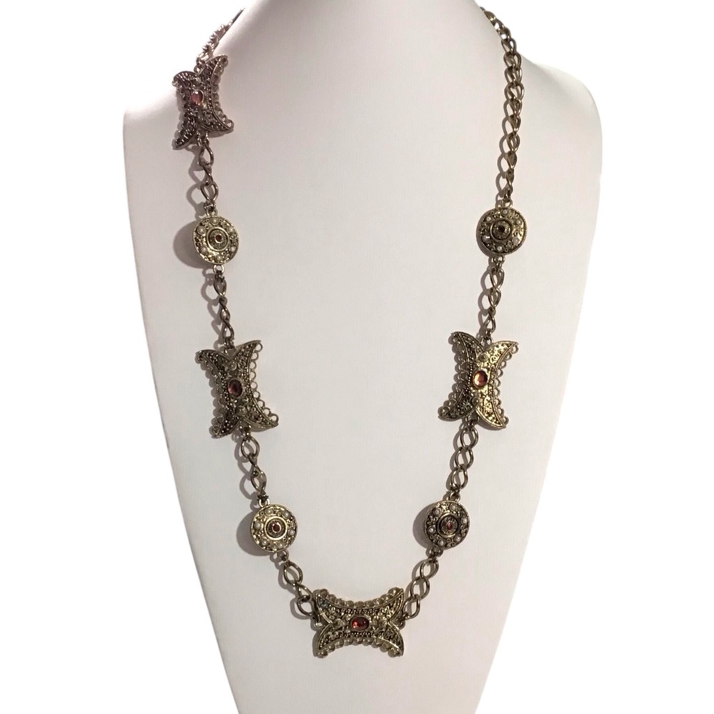 Boho Gypsy Necklace Gold Abstract Bows Pearl Gemstone Shields Costume Jewelry